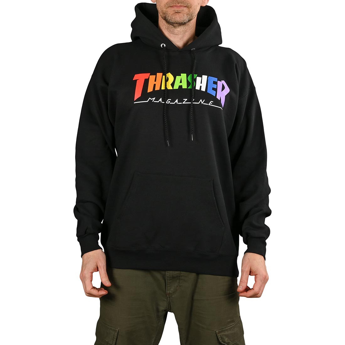 Half black and deals white thrasher hoodie