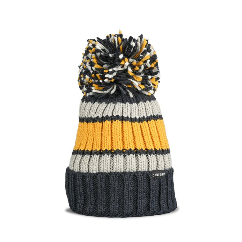 Supereight Supply Co Shearling Pom Beanie Hat - Navy/Grey/Gold