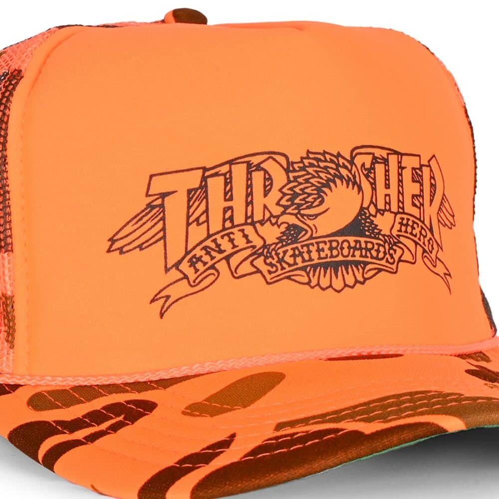 Thrasher x Anti Hero Mag Banner Trucker Cap - Orange Camo