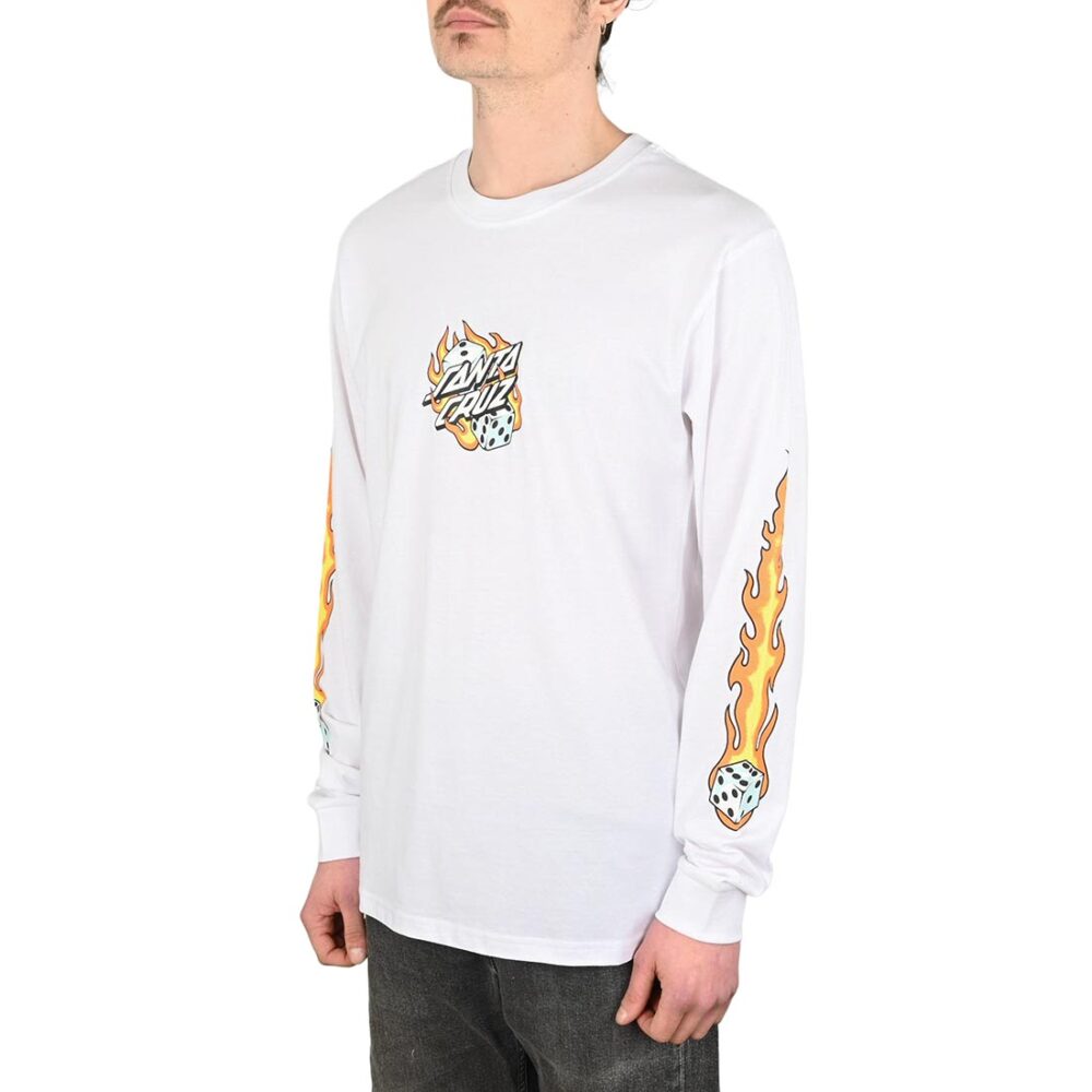 Santa Cruz Flaming Dice Dot Front L/S T-Shirt - White